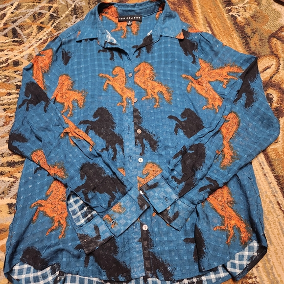 Jane and Delancey Blue and Orange Horse Pattern Shirt - Picture 2 of 4